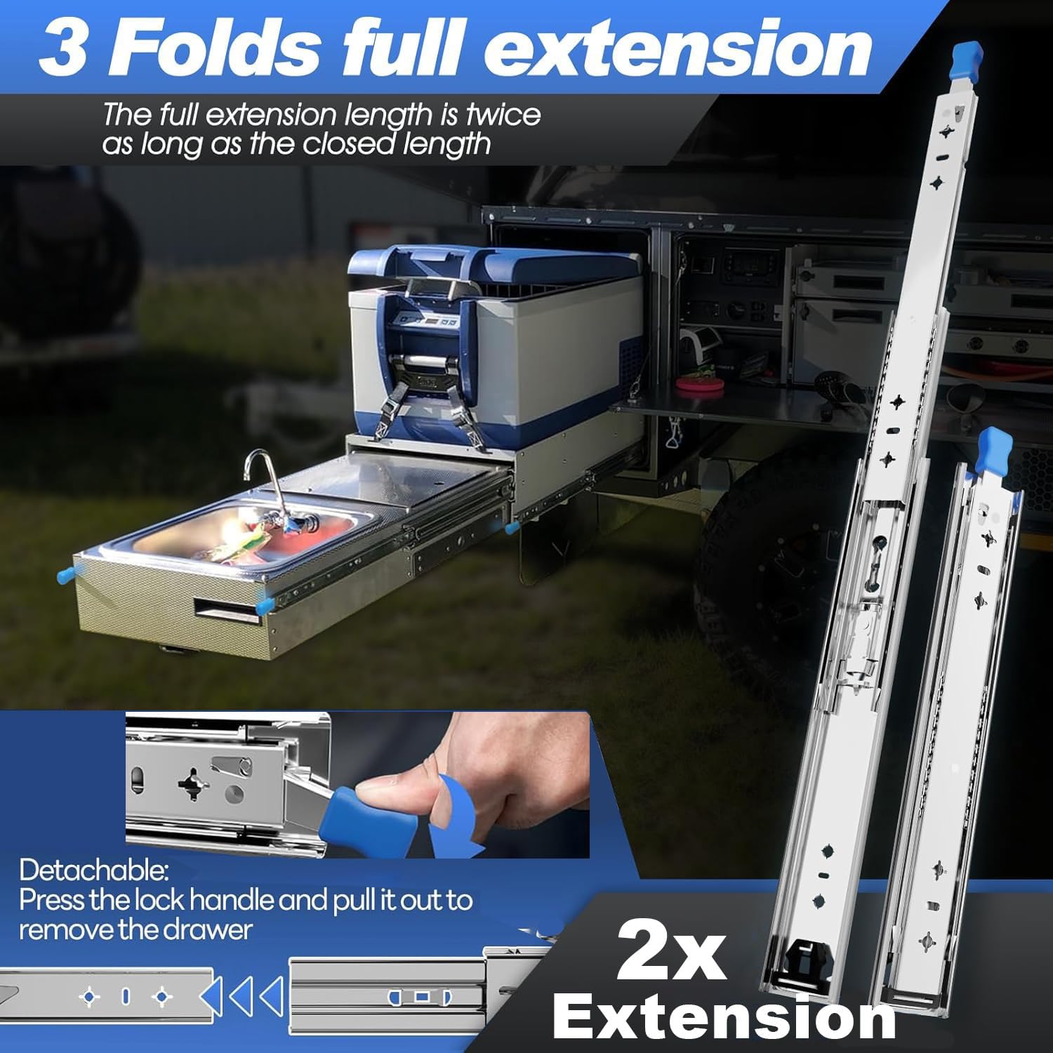 Heavy Duty Drawer Slides with Lock 32 Inch,3-Fold Full Extension Locking Drawer Slides 250 lbs Load Capacity Side Mount Ball Bearing Industrial Locking Rail 1 Pair(W:53mm, 32)